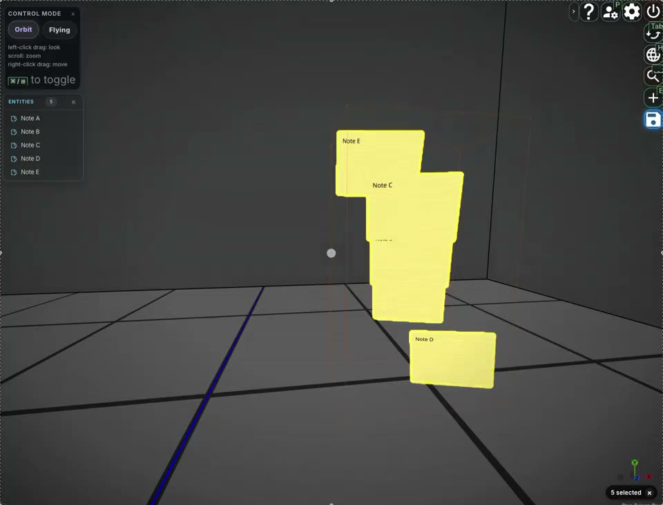 Several entities selected at once in a 3D world