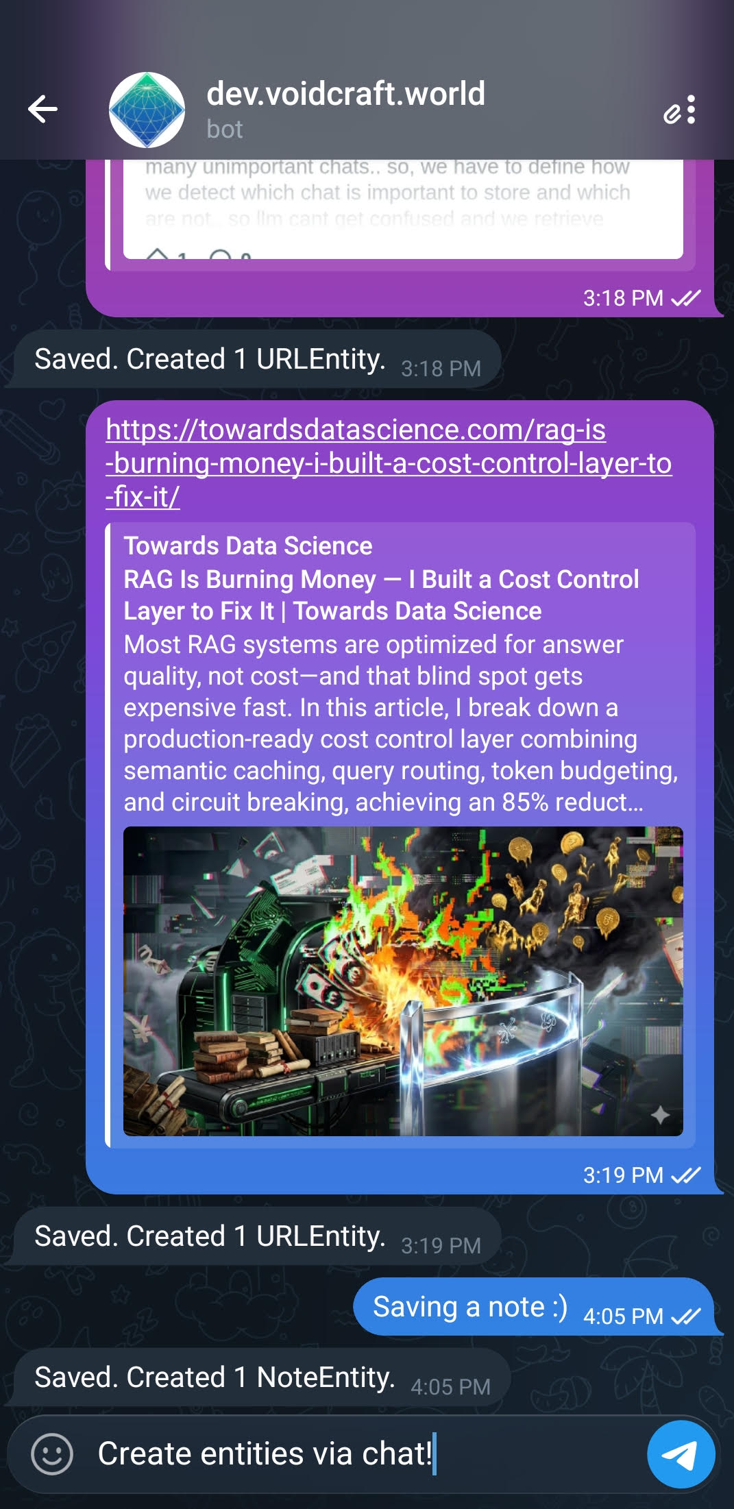 Telegram bot screenshot — sending content to VoidCraft