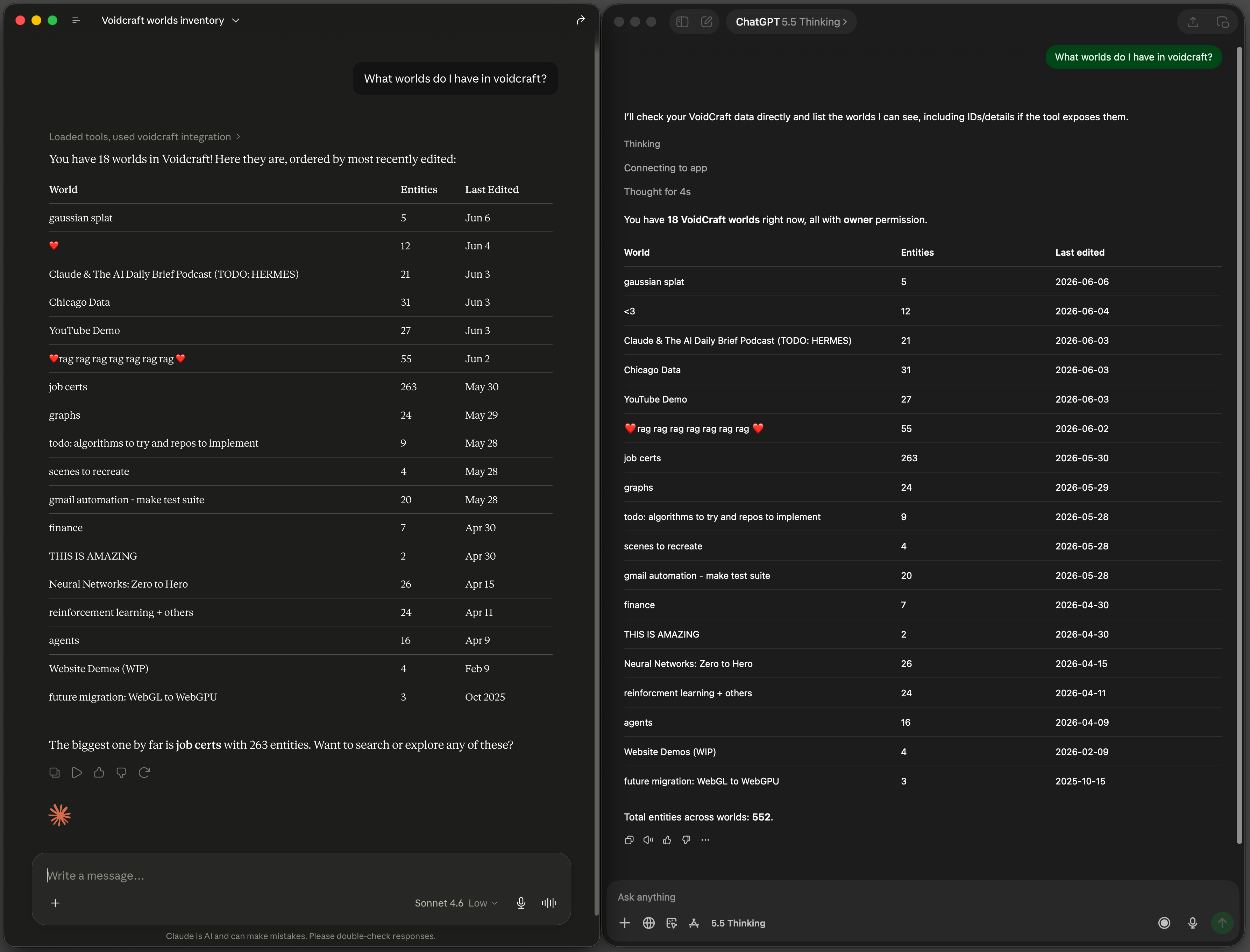 Two AI agents listing VoidCraft worlds and entity counts over MCP
