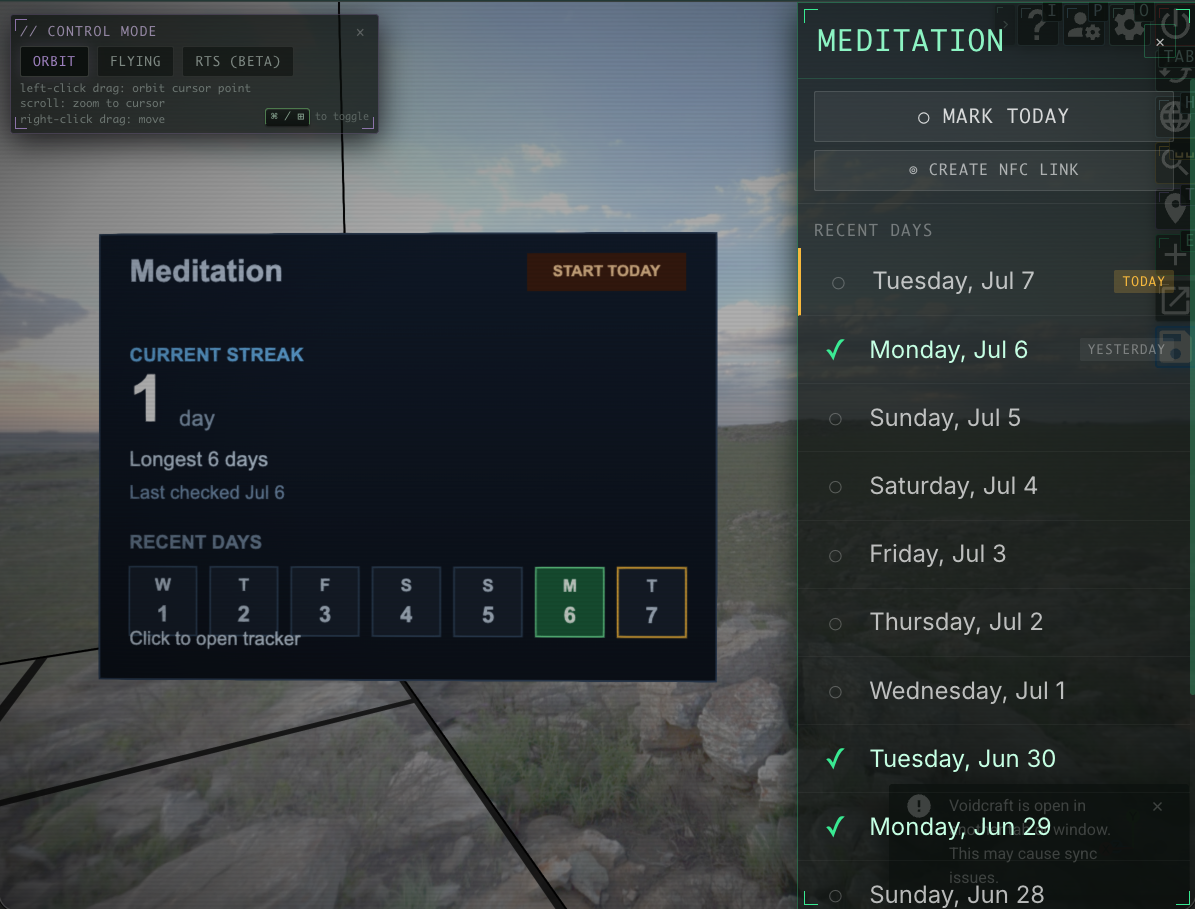 A habit tracker entity in the 3D world with its side panel open, showing Mark Today and Create NFC Link buttons