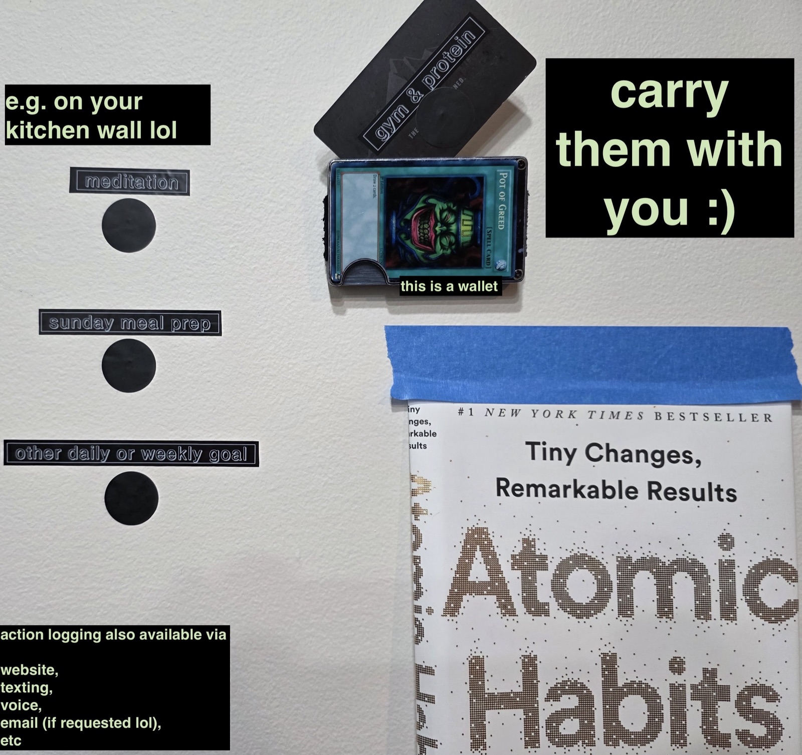A kitchen wall with NFC chips labeled meditation, sunday meal prep, and other daily or weekly goal, a wallet with a chip on it, and the book Atomic Habits taped up