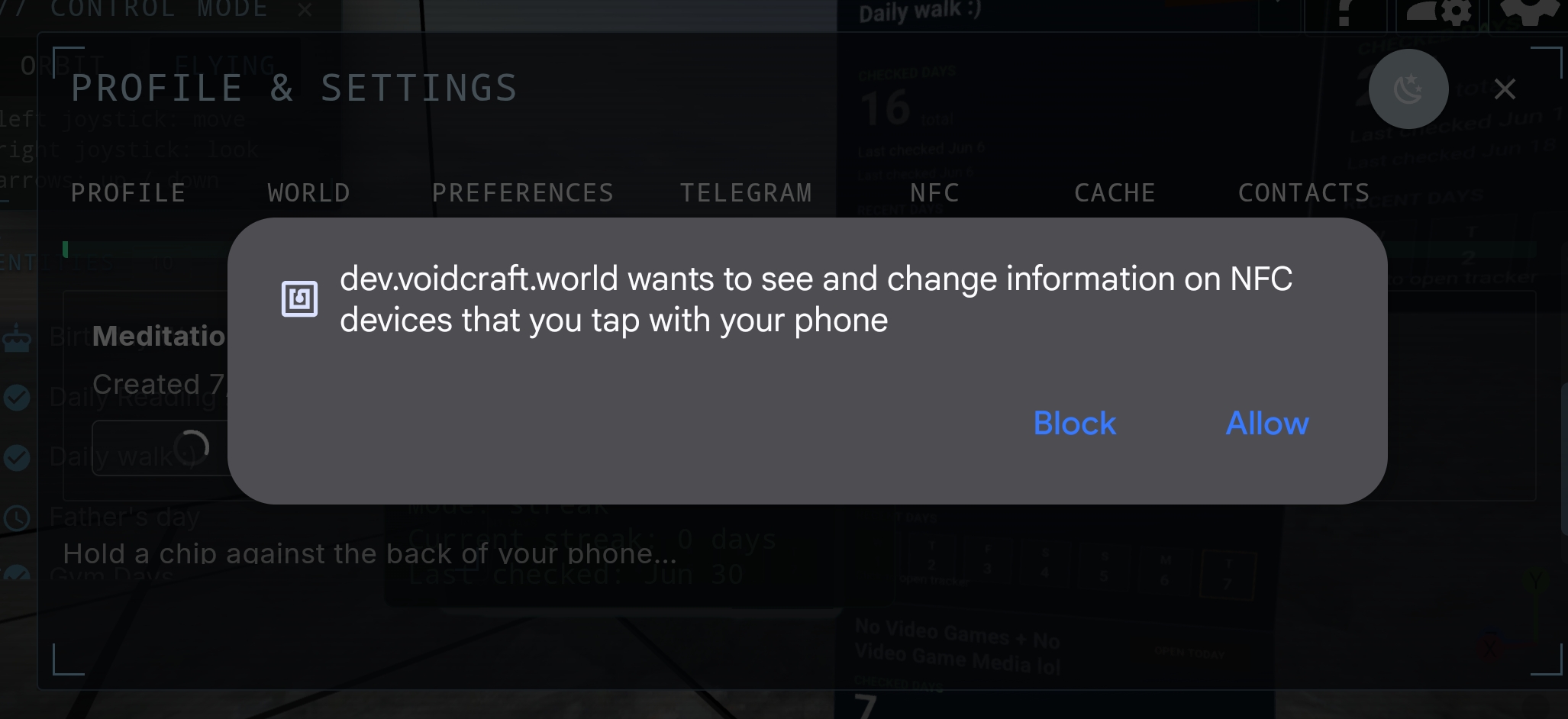 Android Chrome asking permission for voidcraft.world to use NFC, over the profile settings NFC tab