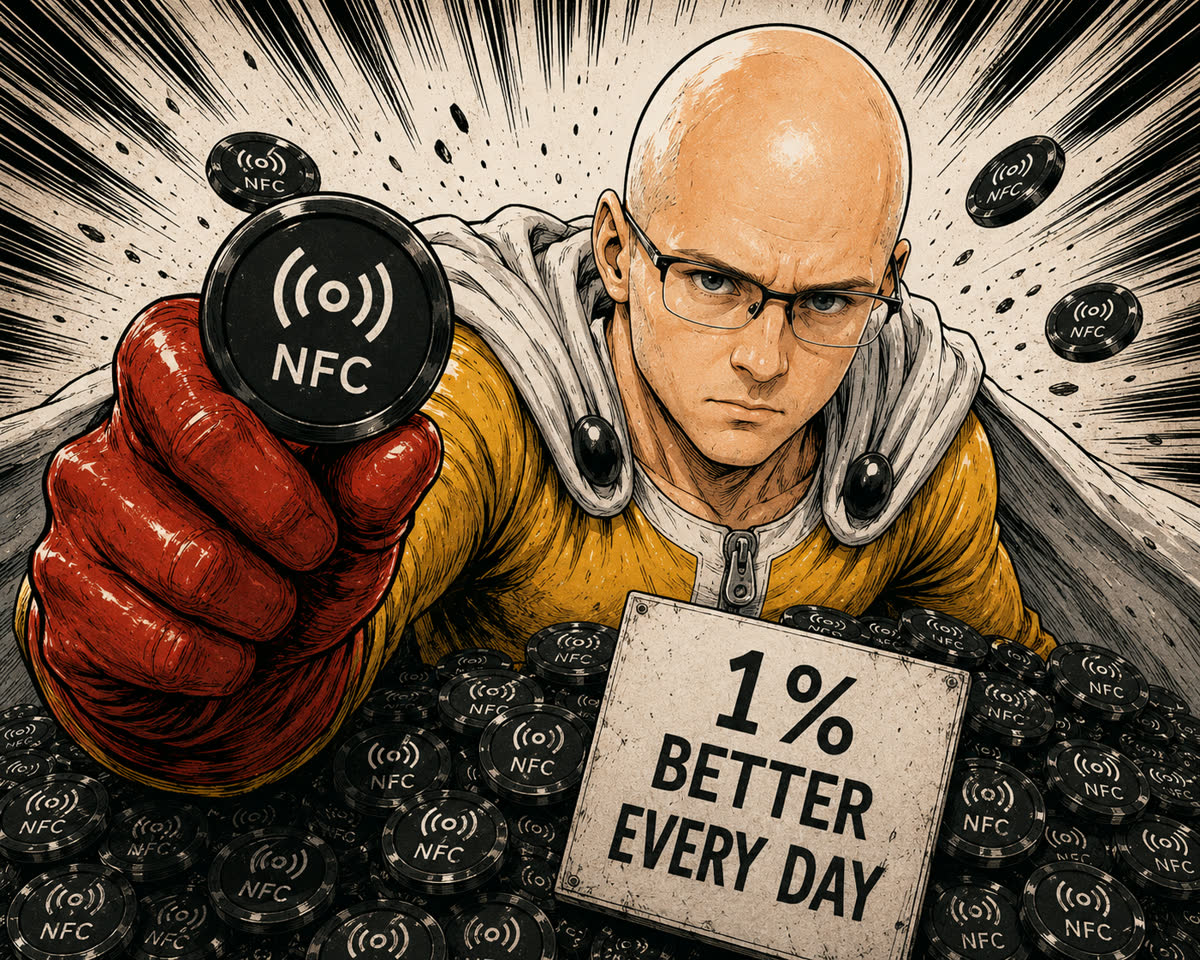 A bald caped hero holding out an NFC chip beside a sign reading 1% better every day
